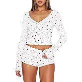 Ezbelle Lounge Set Women's V Neck Pajama Sets Ribbed Knit Button Down Shirt Long Sleeve 2 Piece Outfit Shorts Floral Graphic