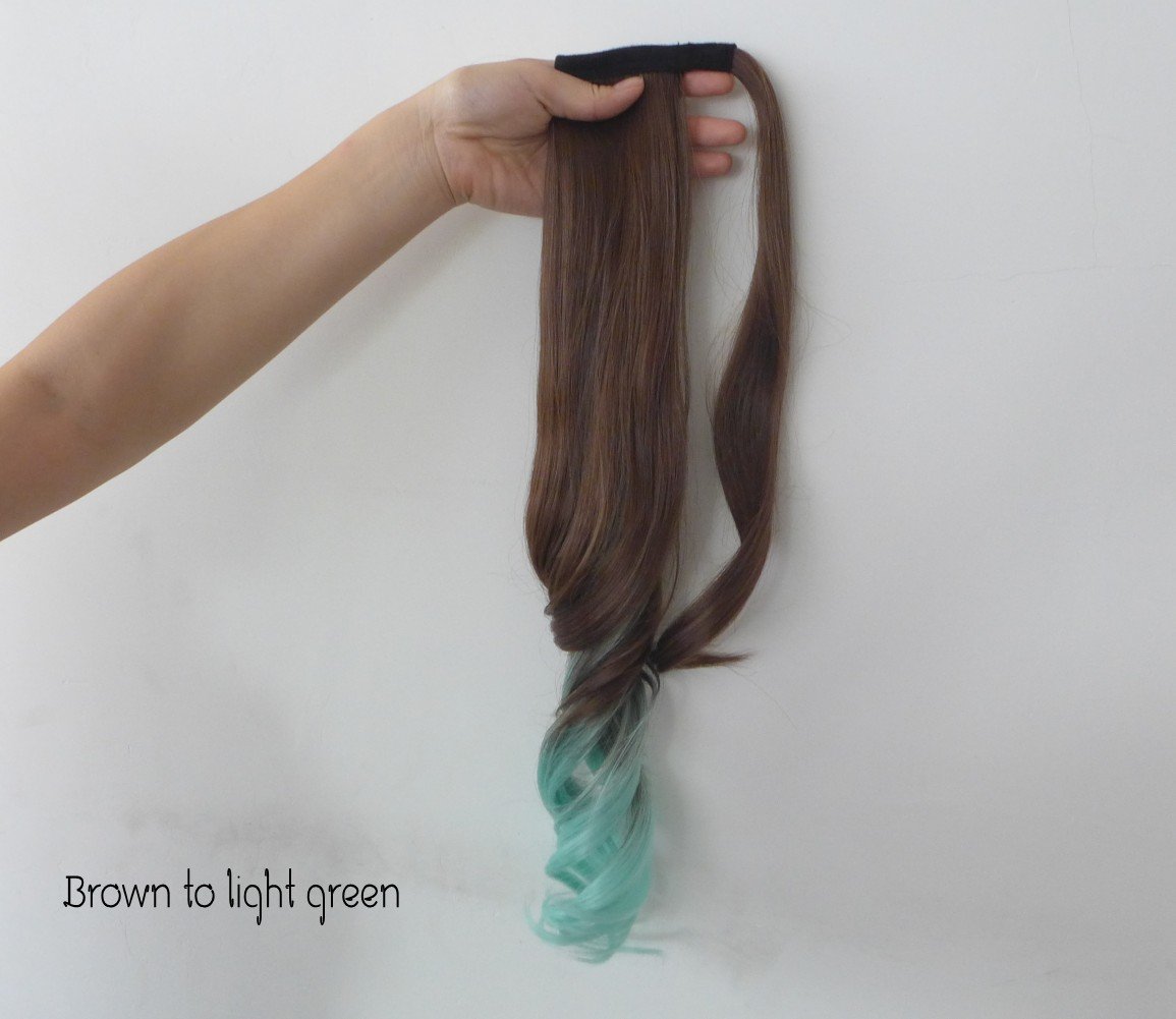 X&Y ANGEL New Fashion Two Tone 22\'\' Curly Highlights Ponytail Hair Extension Hairpiece Wig for Women H001 (brown to light green)