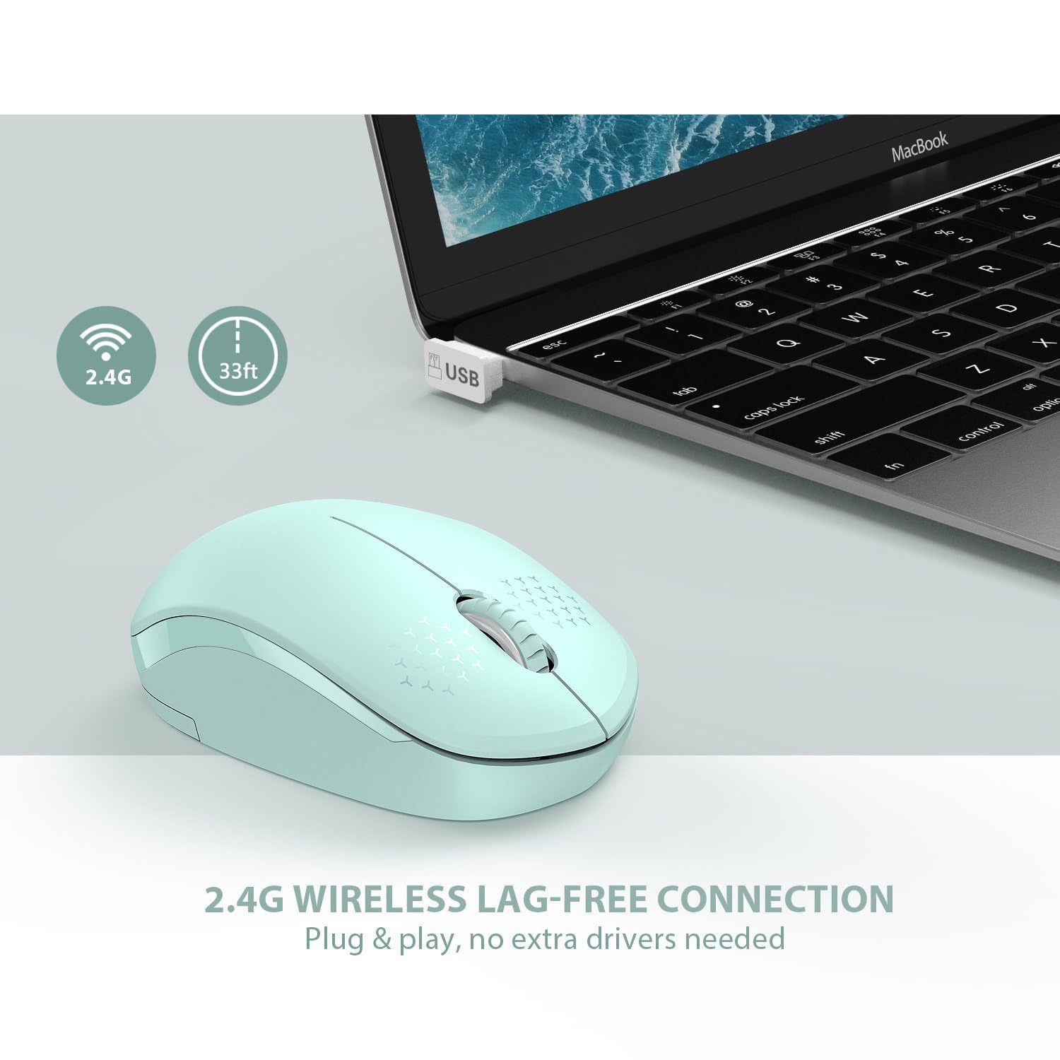 seenda Wireless Mouse, 2.4G Noiseless Mouse with USB Receiver - Portable Computer Mice for PC, Tablet, Laptop with Windows System - Mint Green