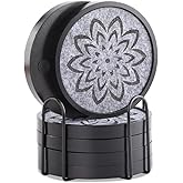 LiWiBet Elegant Black Wood Coasters with Gray Felt & Holder Non Stick, Absorbent Drink Coasters Set of 6 4.33in Rustic Wooden Coaster for Coffee Tabletop Protection Suitable for Kinds of Cups