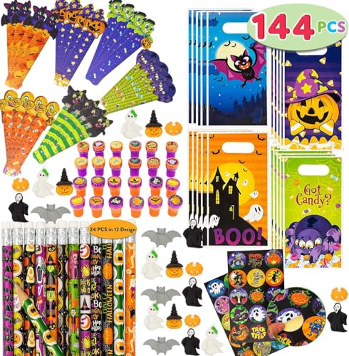 JOYIN 144 Pieces 24 Pack Assorted Halloween Themed Stationery Kids Gift Set Trick Treat Prize Party Favor Toy Including Halloween Pencils, Rulers, Stickers, Stamps and Erasers in Trick or Treat Bags