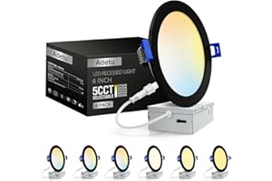 Adetu 6 Pack 6 Inch Black 5CCT Ultra-Thin LED Recessed Ceiling Light with Junction Box,Dimmable Canless Wafer Downlight,2700K-5000K Selectable,12W Eqv 110W,1080LM High Brightness,ETL Certified