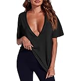 Tankaneo Womens Sexy Deep V Neck T-Shirts Summer Short Sleeve Tops Casual Loose Fit Basic Tees
