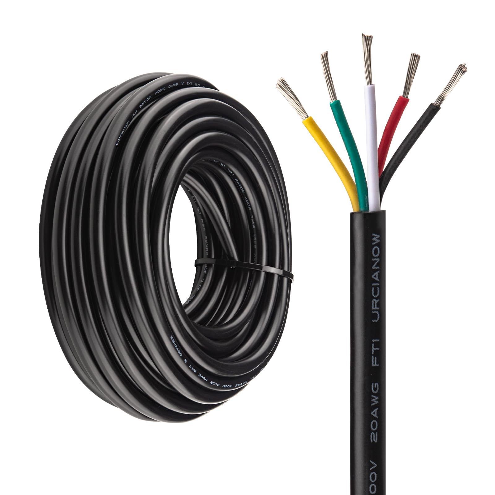 URCIANOW 20awg 5x0.5mm²Electrical Wires Cable 10Meters UL2464 5 Core Tinned Copper Cable 20Gauge Stranded Wire Low Voltage Extension Black PVC Sheathed For DC 5V/12V/24V Application