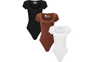 Chongbaijia 3 Piece Women's Square Neck Short Sleeve T shirts Tops Bodysuit Jumpsuit