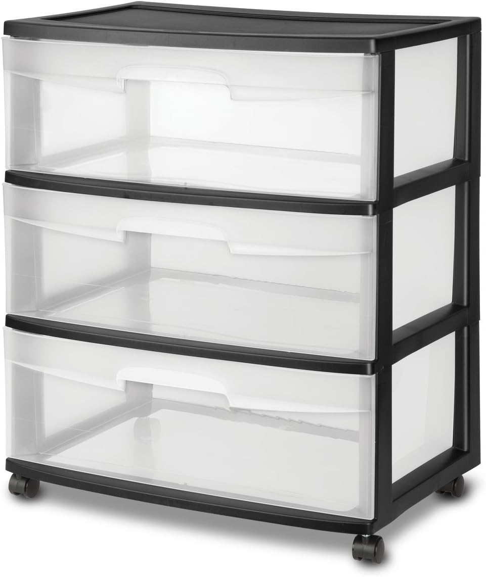 STERILITE 29309001 Wide 3 Drawer Cart, Black