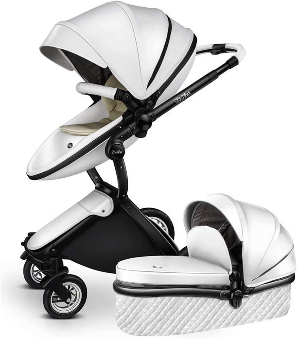 Baby Cart Hot Mom Pushchair 2 in 1 Leather Two-Way High Landscape Shock Absorbers Can Sit Lie Stroller Trolley 360 Degree Rotation (White)
