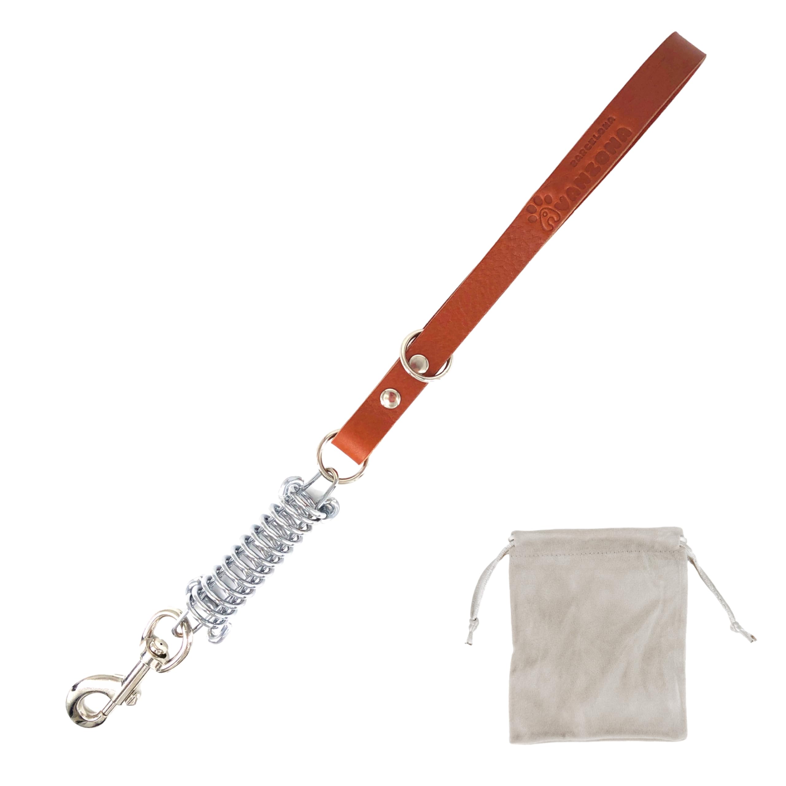 Short Leather Anti-Pull Dog Leash with Spring Shock Absorber, for Medium and Large Dogs, Spain. Cognac. 45CM.