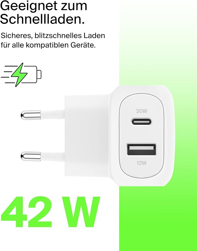 BoostCharge 42 W USB-Ladegerät, USB-C + USB-A, Schnellladen für iPhone, Galaxy, iPad, AirPods, Weiß