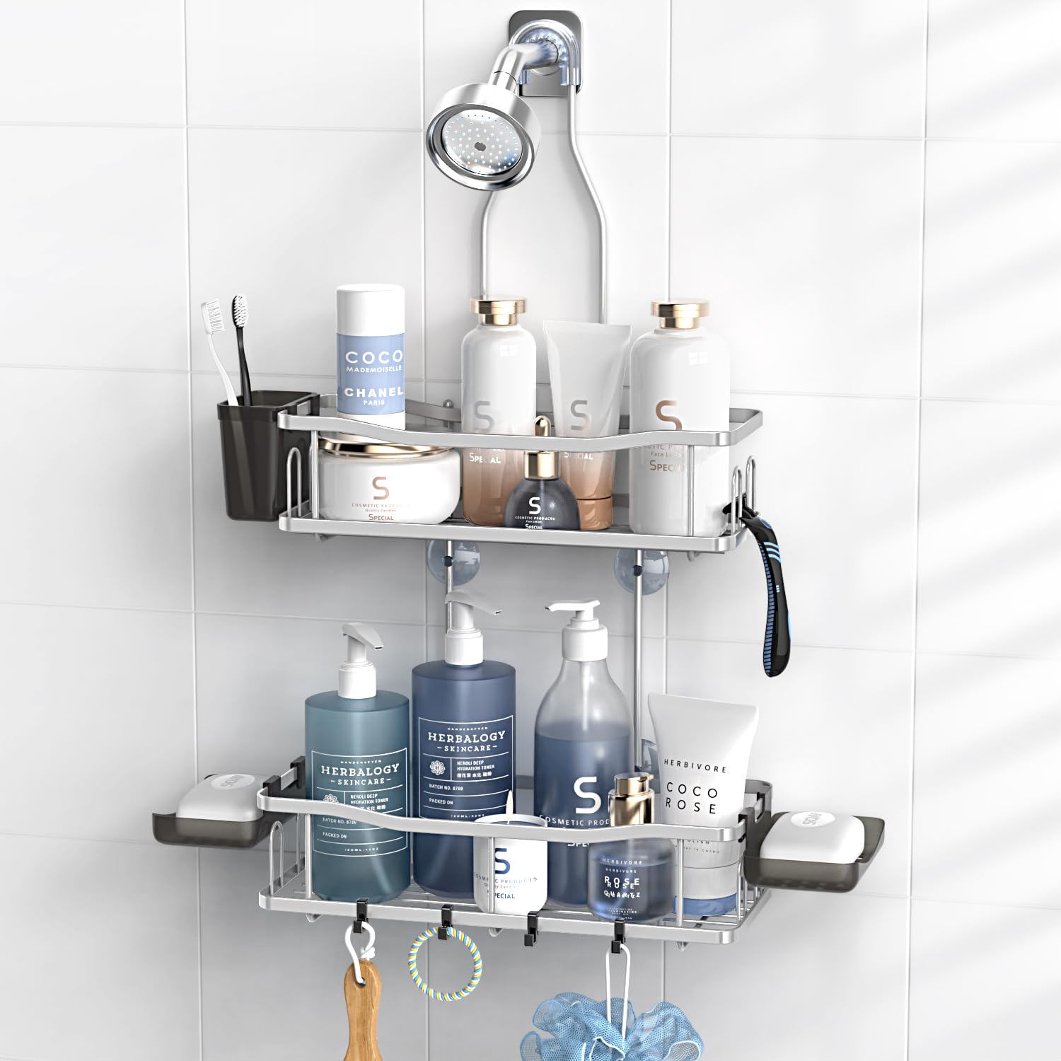 Photo 1 of Aitatty Hanging Shower Caddy Bathroom Organizer: Rustproof Shower Shelf Racks Over Shower Head - No Drilling Inside Bath Shower Rack Shelves Over Showerhead for Shampoo with Soap Holder Chrome