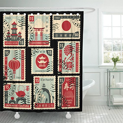 Emvency Shower Curtain Postage Stamps Japanese Culture Hieroglyph Japan Post Sushi Waterproof Polyester Fabric 72 x 78 inches Set with Hooks