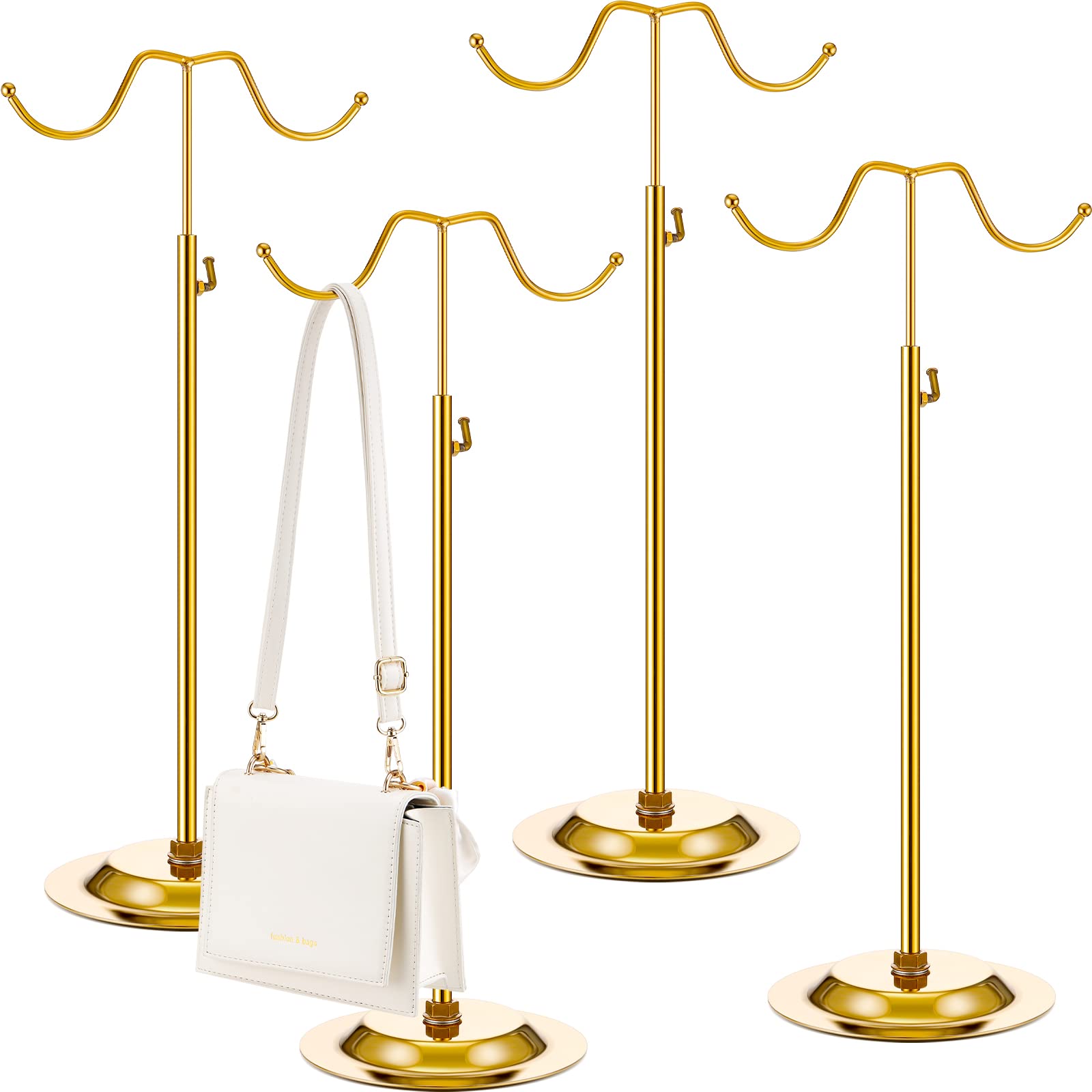 Photo 1 of Weysat 4 Pcs Purse Holder Adjustable Handbag Display Stand Double Hook Metal Bag Hanger Hat Jewelry Display Rack for Closet, Tabletop, Table, Boutique, Store, Retail Use(Gold)