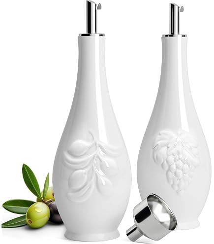 HAOTOP Farmhouse Ceramic Oil & Vinegar Dispenser Set – 13 Oz Bottles, Red Letter Design, For Kitchen & Dining