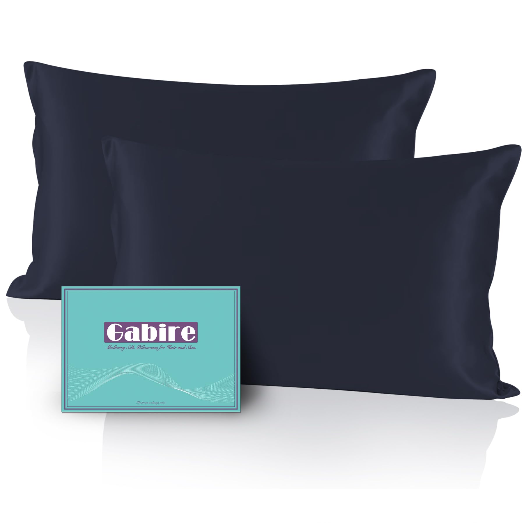 Gabire Mulberry Silk Pillowcases Set of 2, Both Sides Real Silk Pillow Cases for Hair and Skin Prevent Acne Pillowcase Organic Silk Pillowcase 2 Pack with Hidden Zipper, Navy Blue, King (20"×36") Image