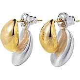 GEEZENCA Two-Tone Chunky Oval Ball Earrings for Women, 2 in 1 Gold Silver Front and Back Stud Earrings, Lightweight 925 Sterling Silver Post, Fashion Jewelry Gift