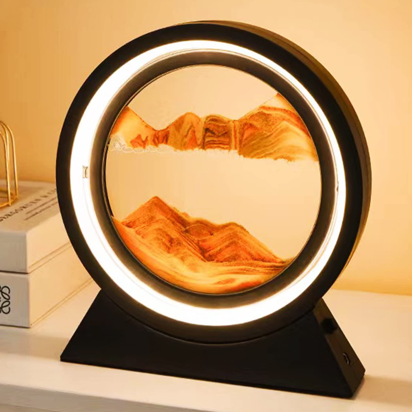 Neioaas 3D Moving Sand Art Table Lamp,360° Rotating Sandscapes Hourglass Decor Flowing Sand Lights,3D Deep Sea Sand Art Quicksand Lamp,Adult Kid Quicksand Painting Night Light Desktop Decor (Yellow)