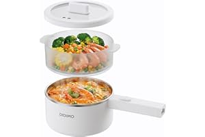 DiDimo Electric Hot Pot with Stainless Steel Liner, 1.37QT Portable Electric Cooker with Long Handle & Visible Glass Lid, 600
