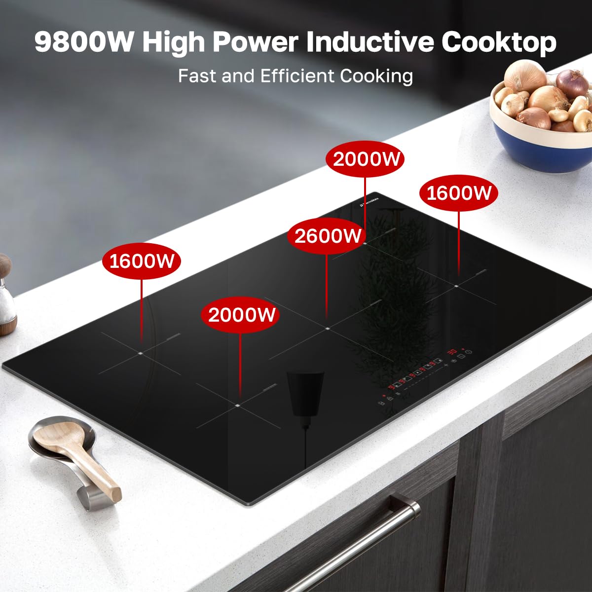 thermomate 36 Inch Induction Hob Electric Cooktop, 9800W Built in Induction Stove Top with 5 Boost Burners, 9 Heating Levels, Timer & Child Safety Lock, Sensor Touch Control, 240V