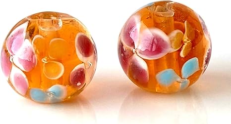Amazon とんぼ玉 R2m ガラスビーズ 14mm 2個 トンボ玉 水中花 花柄 ハンドメイド アクセサリーパーツ ラウンドビーズ 蜻蛉玉 オレンジ ビーズ ストーン 通販