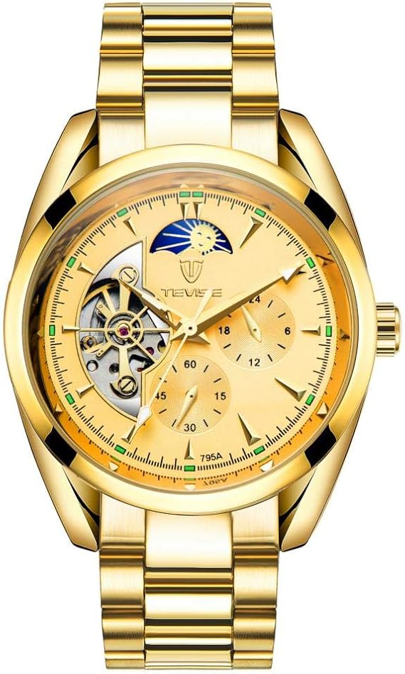 Men's Watches,Moon Phase Automatic Mechanical Watch Fashion Gift Watch, Full Gold Face Amazon