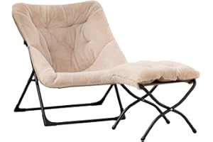 HollyHOME X-Large Saucer Chair with Foldable Ottoman, Comfy Oversized Folding Chair and Folding Footrest Stool Set, Faux-Fur Reading Chair and Footstool for Living Room, Light Khaki Chair&Stool
