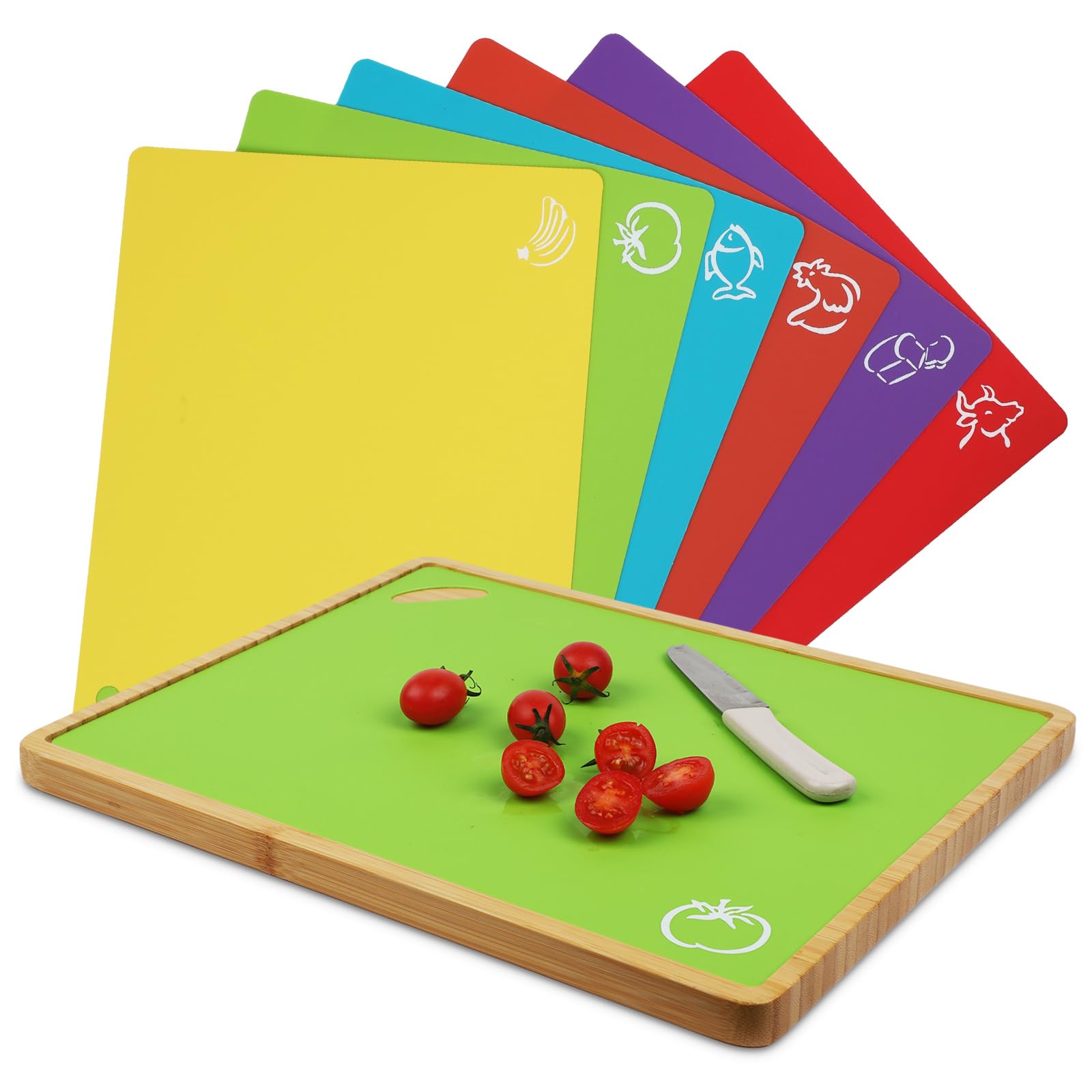 Photo 1 of *MISSING PARTS*
Bamboo Cutting Board set with 6 Pieces Flexible BPA free Plastic Colored Cutting mats for Meat and Vegetables, Durable 2-in-1 Serving Tray and Cutting Board for Kitchen