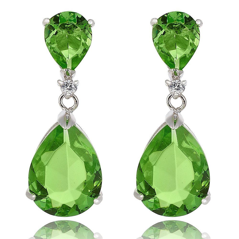 [RIZILIA CELEBOX] Teardrop Dangle Pierced Earrings with Pear Cut Gemstones CZ [Peridot] in 18K White Gold Plated, Celebrity inspired by Angelina Jolie — image 1