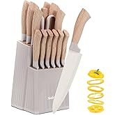 Knife Set, 15 Pcs Khaki Kitchen Knife Set for Home, Granite Nonstick Ceramic Coating, Stainless Steel Sharp Chef Knife Sets with Block, Wood Grain Handle, Ergonomic Non-slip Handle Knife Block Set