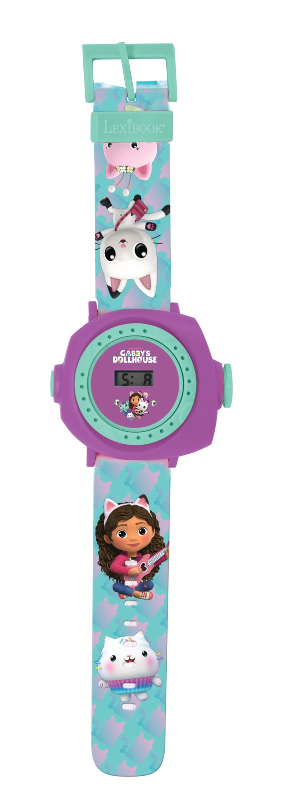 LEXIBOOK, Gabby's Dollhouse, Adjustable Projection Watch with Digital Screen, 20 Images of The Gabby's Dollhouse Series, for Children, Blue/Purple, DMW050GDH