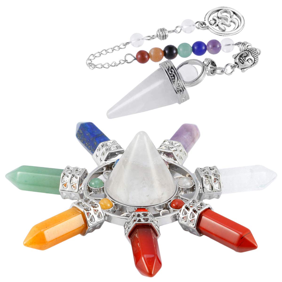 Nupuyai Healing Rock Crystal Kit, Energy Pyramid with 7 Chakra Stone Point Wand Dowsing Pendulum Collection Set Reiki Figurine Decor