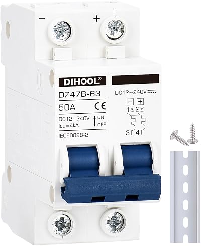 DIHOOL DZ47B-63 2P 50A DC Circuit Breaker 12-240V Arc Extinguishing DIN Rail