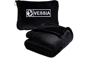 Vessia Travel Blanket for Airplane, Train and Car, Warm and Soft Travel Blanket in Bag for Adults and Kids, Portable Compact Long Flight Blanket with Luggage Sleeve, Backpack Clip(Black)