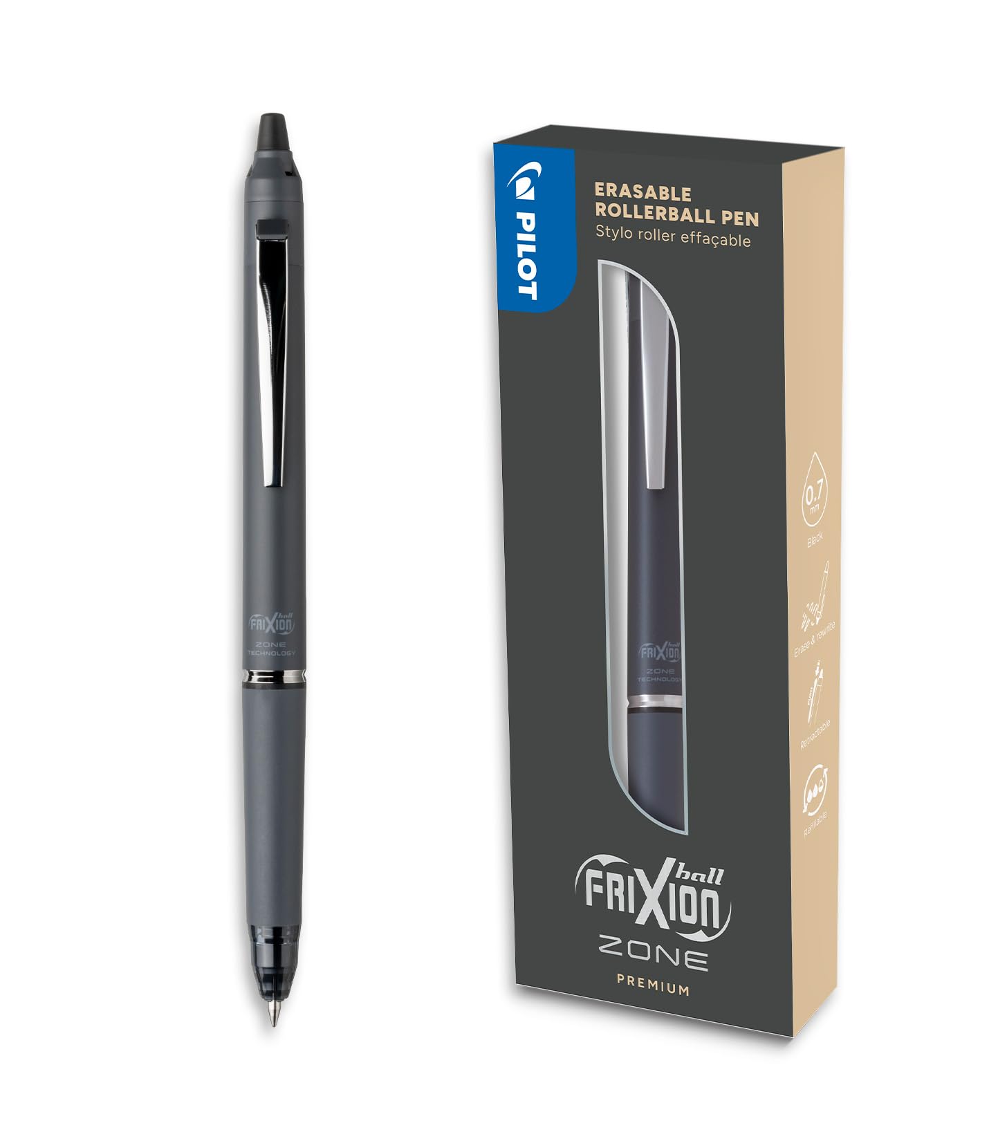 PILOT - Frixion Ball Zone Grey in Gift box - Premium erasable retractable pen with thermosensitive ink - Refillable and ergonomic roller pen - Black ink - Medium tip