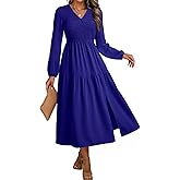 Dokotoo Fall Dresses for Women 2025 Long Sleeve V Neck Smocked Empire Waist Ruffle Tiered Casual Split Maxi Dress