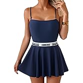 Eomenie Women's One Piece Swimsuit with Removable Skirt Tummy Control Swimdress Bathing Suit Square Neck Swimwear Dress