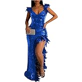 Women's Sexy Sequin Feather Prom Dresses 2025 High Slit Deep V Neck Evening Formal Masquerade Ball Gown Maxi Dress