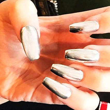 Fairvir Metal Silver Fake Nails Coffin Full Cover Acrylic Mirror