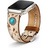 Western Cowhide Leather Apple Watch Band with Turquoise Concho, Hair-On Leather Strap, Silver Buckle, Fits Apple Watch Series 1–10, SE & Ultra (38mm–49mm)