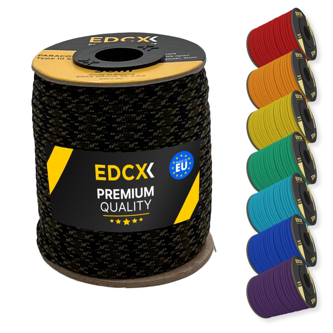 EDCX 4mm Nylon Paracord 550 30m (100 feet) | Ideal for Camping, Survival, Outdoor, Crafting, DIY | 100% Nylon Rope 4mm | Paracord 550 Type III in Solid Color (Veteran, 30 m)