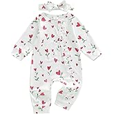 Amiblvowa Baby Girl Valentines Day Outfit Ruffle Heart Print Romper Button Jumpsuit Cute Newborn Infant One-piece Clothes