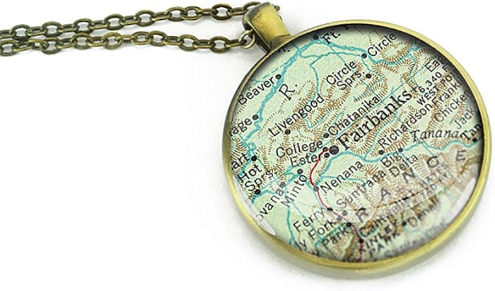Handmade 1946 vintage Fairbanks map necklace Alaska tourism memorial