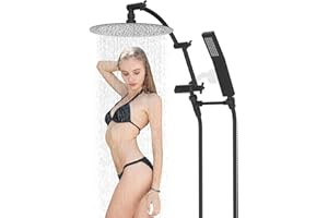 Hibbent All Metal 10'' Rainfall Shower Head, Round Shower Head Combo, High Pressure Handheld Shower Wand, 16'' Adjustable Arc-shaped Shower Extension Arm, 71'' Hose, 2 Showerhead Holders, Matte Black