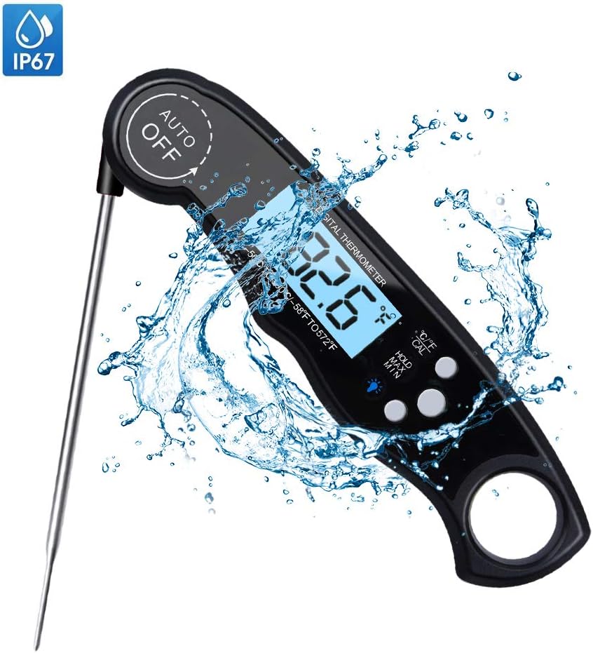 Instant Read Thermometer, HD HARUDONE Digital Waterproof Thermometer with Foldable Probe for Catering Food Cooking Milk Cake Tea Beef BBQ Grill Smokers Fridge Fast & Auto/Off Battery Included (Black)