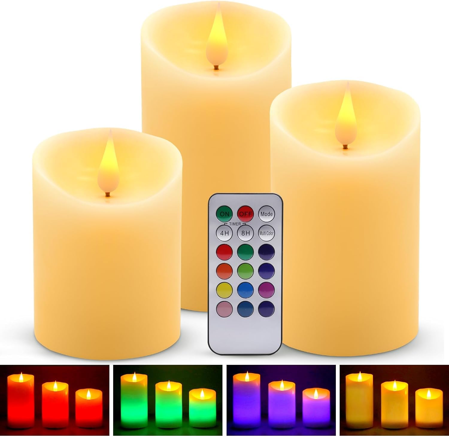 LED Real Wax Candle Lights, 3 Pack Warm White Plus Multicolor Flameless Real Wax Battery Operated Electric LED Moving Wick Flickering Candle Lights with Remote Control Timer for Decoration, Wedding