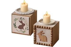 YYBD 2Pcs Spring Wooden Candle Holders Set Rustic Easter Rabbit Taper Candlestick Holder Bunny Night Light Ornament Easter De