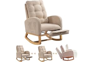 ZKZLAT Nursery Rocking Chair with Foot Rest, Upholstered Glider Rocker Chair Comfy Wide Padded Seat Accent Chair with High Backrest and Armchair with Side Pocket for Living Room Bedroom Offices, Beige-1