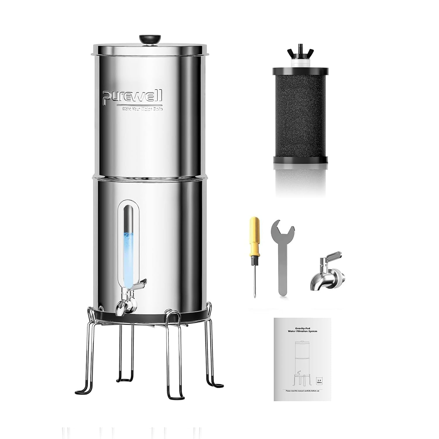 Purewell Gravity Water Filter System – 3,8L Stainless Steel Portable Ultrafiltration (0,01μm) for Survival, Camping & Home – 4-Stage Countertop Purifier, Removes 99% Chlorine, RV & Emergency Use