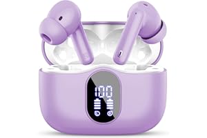 BTOOTOS Wireless Earbuds Bluetooth 5.3 Headphones Bass Stereo Ear Buds with Noise Cancelling Mic LED Display in Ear Earphones IP7 Waterproof 36H Playtime for Laptop Pad Phones Sports Workout Purple