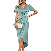 Sexyshine Women's Wrap V Neck Short Sleeve Satin Midi Dress Split Hem Ruched Pleated Formal Evening Party Dresses
