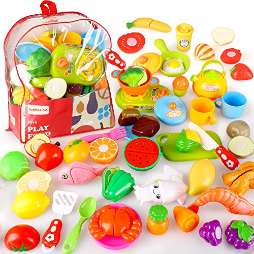 BeebeeRun Cutting Pretend Play Food with Clear BackPack, 41 Pcs Toy